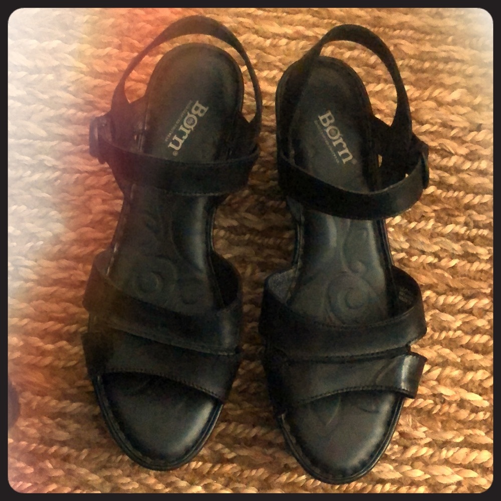 born black leather wedges